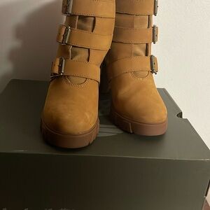 Women's Tan Buckle Strap Boots